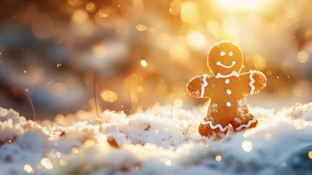 Smiling gingerbread man with festive sparkle on a snowy winter background.