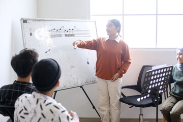 Cheerful Young Music Teacher Standing In Front Of Class Showing Musical Notes