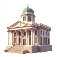 A stylized architectural model of a classical building with columns and a dome.