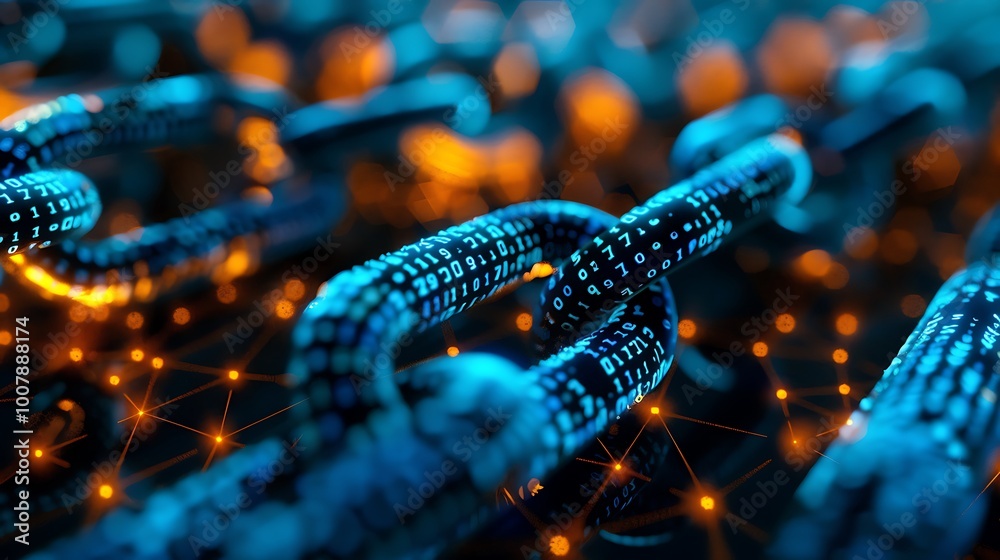 Poster close-up of a digital chain link with binary code embedded on the surface, representing the intercon