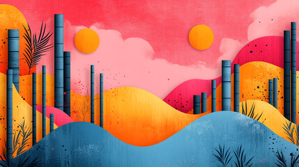 Fototapeta premium Vibrant abstract landscape featuring bold colors, stylized hills, and bamboo elements under a bright sky.