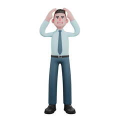 Illustration of 3D Male Financial Analyst. A male financial analyst is standing with both hands holding his head. Professional Cartoon