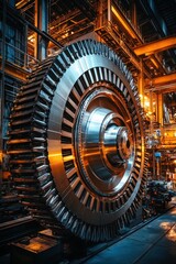 Massive Industrial Turbine in Factory Setting with Dramatic Lighting and Intricate Metal Details