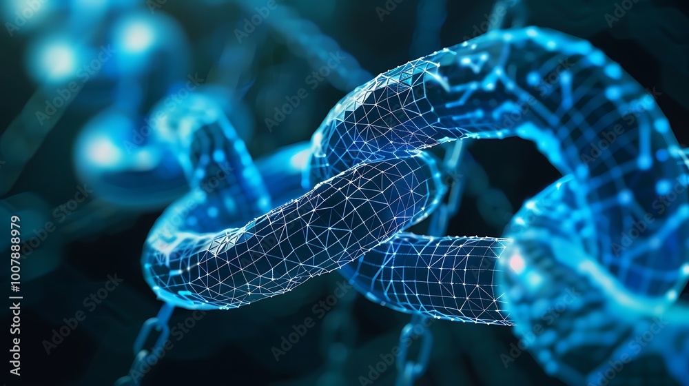 Poster close-up of a digital chain link rendered in a blue wireframe style. the chain is a symbol of connec
