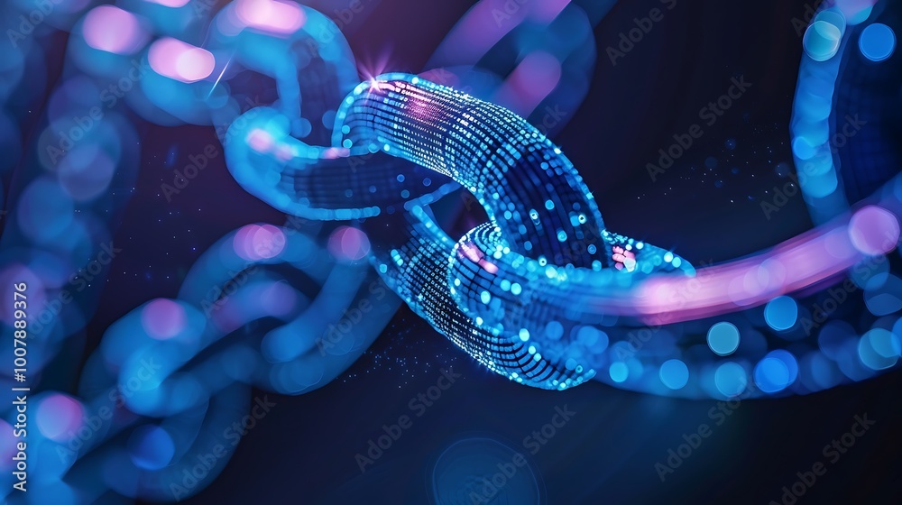 Poster 3d rendering of a chain with each link composed of glowing blue dots, representing connectivity and 