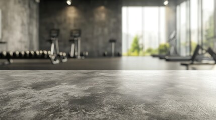 A modern gym interior with fitness equipment and large windows.