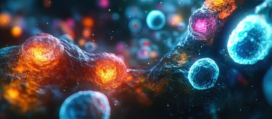 Vibrant Microscopic Cells with Glowing Colors in a Futuristic Biological Science and Technology Background