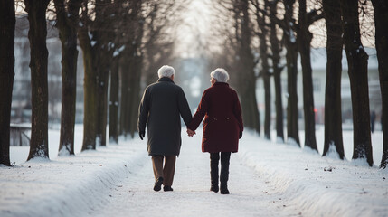 An elderly couple holding hands, walking down a snow-covered path lined with bare trees, wearing warm winter clothes and smiling at each other