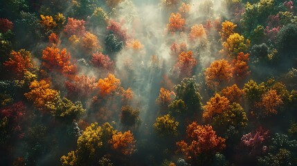 Fototapeta premium Aerial View of Autumn Forest with Fog and Sunlight