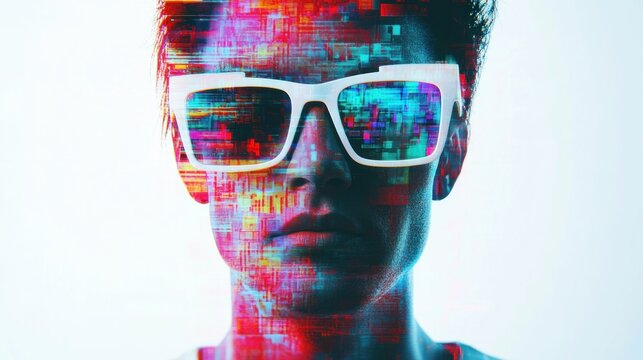 Digital portrait of a man wearing futuristic sunglasses with a colorful abstract glitch effect, creating a modern and tech savvy vibe, ideal for technology themes