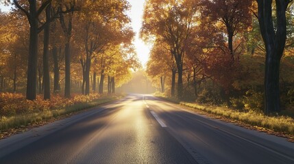 Naklejka premium Morning road perspective trip travel destination in fall forest