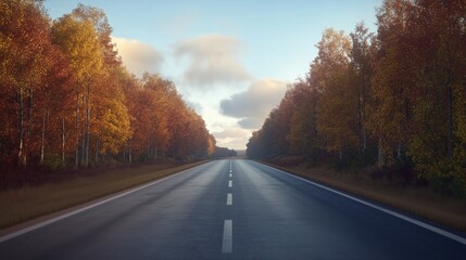 Fototapeta premium Morning road perspective trip travel destination in fall forest