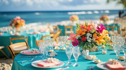 A beautifully arranged beachside wedding reception with vibrant flowers and elegant table settings.