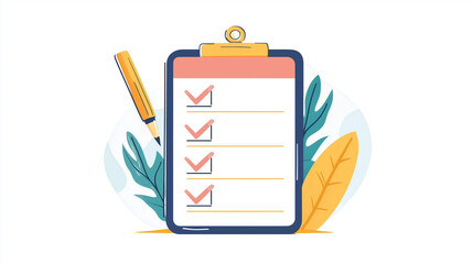Minimalist to do checklist illustration on clipboard with green leaves and orange accents, featuring checked items and a pencil.