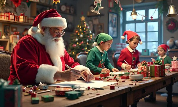 Father Christmas and the elves are hard at work at the table preparing presents against the backdrop of the Christmas tree. The workshop has a festive atmosphere and Christmas spirit. Generated with 