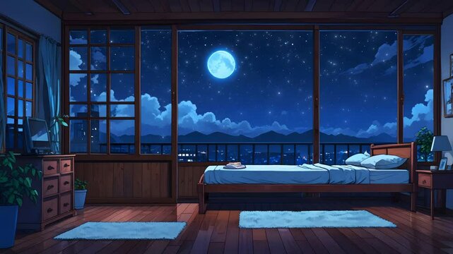 cozy lofi night room with bed and open window glowing particle falling seamless loop
