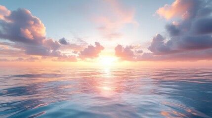 Obraz premium Stunning Ocean Sunset with Vibrant Clouds and Reflective Water Creating a Serene and Tranquil Atmosphere in a Beautiful Natural Landscape