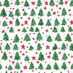 Fototapeta premium Festive Watercolor Christmas Trees with Snowflakes and Stars for Holiday Decor