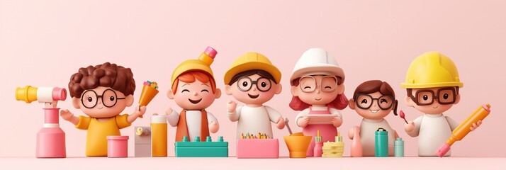 Fototapeta premium A cheerful group of children engaging in creative play with colorful toys and tools against a soft pink background.