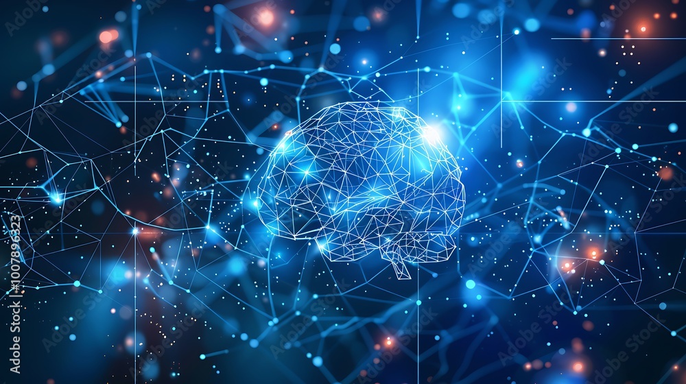 Poster stylized digital brain is shown with a connected web of glowing lines representing neural connection