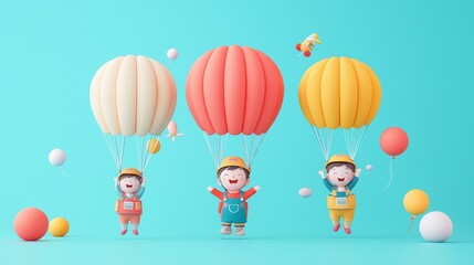 Three cheerful kids with colorful balloons flying high in the sky, celebrating adventure and joy in a bright atmosphere.