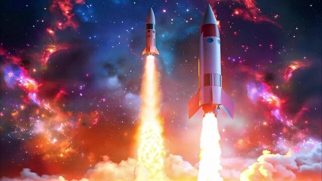 Two rockets launch into a vibrant, colorful space scene filled with clouds and galaxies, showcasing a dynamic space exploration theme.