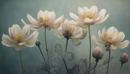 Pale pink peonies with golden centers in bloom