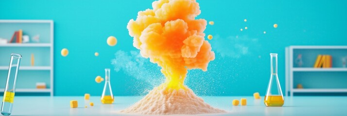 Vibrant explosion of orange smoke in a laboratory setting, showcasing scientific experimentation and creativity in action.