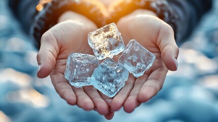 Hands holding melting ice cubes, representing the global impact of rising temperatures and polar ice melt
