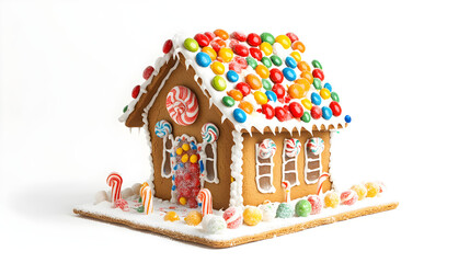 A decorated gingerbread house with candy details, set against