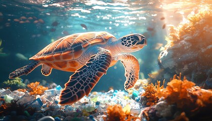 Obraz premium Sea turtle swimming through plastic waste in the ocean, symbolizing the threat of pollution to marine life