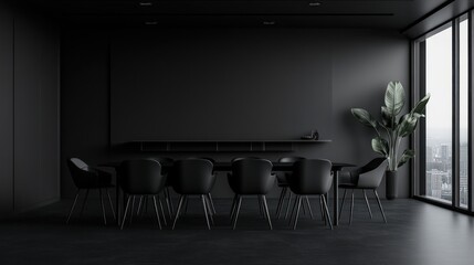 A minimalist conference room with a long table and black chairs, designed for meetings.