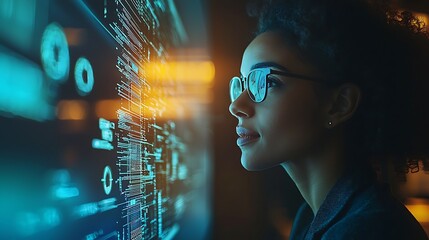 Woman in Glasses Looking at Data on a Screen