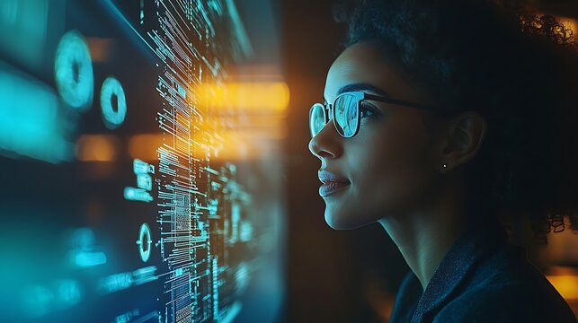 Woman in Glasses Looking at Data on a Screen