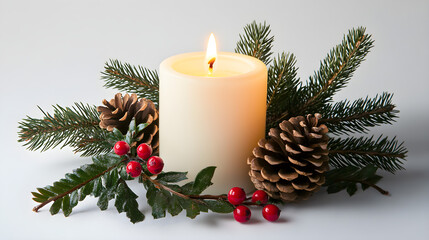A lit candle surrounded by evergreen branches, pinecones, and red berries