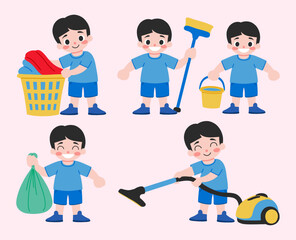 Happy Boy Cleaning Chores Cartoon Illustration Set