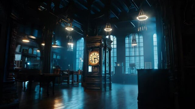 Vast ancient temple interior illuminated by harsh fluorescent lights. Antique grandfather clock serves as focal point. Glass furnishings and neon signs create depth. 