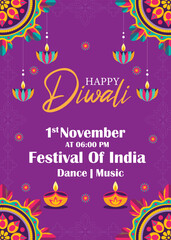 Indian festival Happy Diwali with Diwali props, holiday Background with crackers, Diwali celebration greeting card, vector illustration.