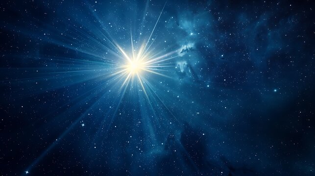 Bright star with rays shining in night sky with cosmic dust and stars for celestial beauty and space exploration in astronomy and cosmic wonder concept.