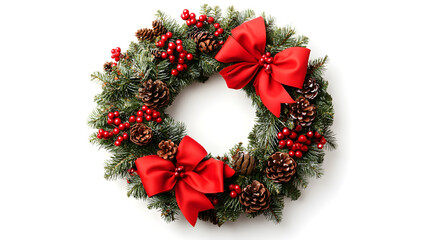 A traditional Christmas wreath with red ribbons, berries, and pinecones hanging against