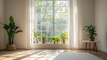 Fototapeta premium Sunlit Room with Large Window and Indoor Plants