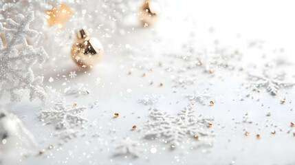 Elegant snowflakes and tiny bells scattered delicately over a white backdrop