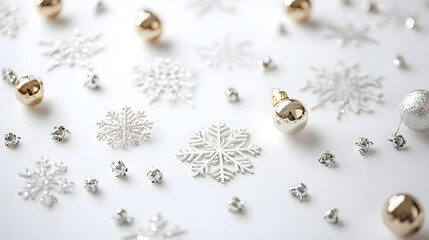 Elegant snowflakes and tiny bells scattered delicately over a white backdrop