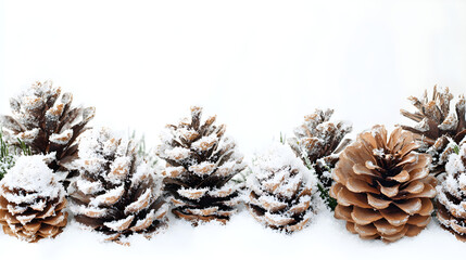 Frosted pinecones and artificial snow arranged in a festive, minimalist design