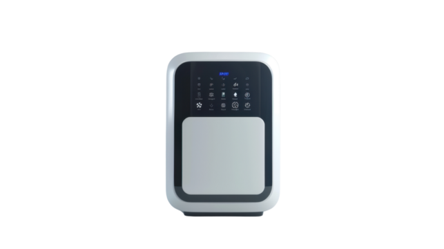 Touchscreen smart thermostat with app control on white background - Powered by Adobe