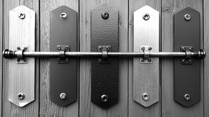 Metal bar latch with different finish options on wooden door.