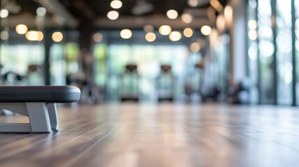 A blurred view of a gym interior with fitness equipment and wooden flooring.