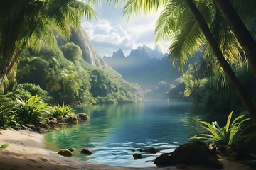 Tranquil Lagoon Surrounded by Lush Greenery