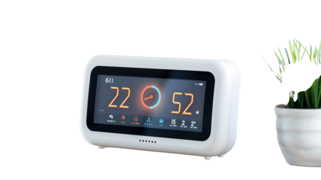 Touchscreen smart thermostat with app control on white background