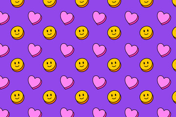 love and smile face shape colorful pattern on purple background. doodle smile face and heart pills seamless pattern background. funny face and love seamless pattern for decor and merchandise